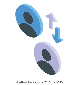 Isometric design of user profiles with upward and downward arrows symbolizing change or growth