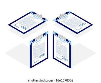 Isometric design. Vector 3d illustration. Concept graphics on white background. Document set for concluding business transactions with partners. Element, icon, web design infographics, site and game.