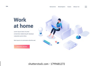 Isometric design of vector banner for website with female character using laptop sitting on sofa working at home on white background