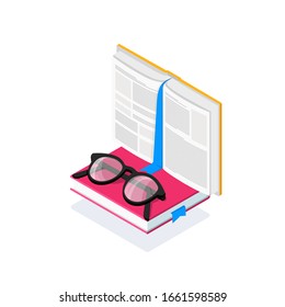 Diseño isométrico. Ilustración vectorial. Concepción de gráficos 3d en un fondo blanco. Reserva con gafas. Lectura, biblioteca digital. Elemento, icono para el diseño web infografías, sitios y juegos.