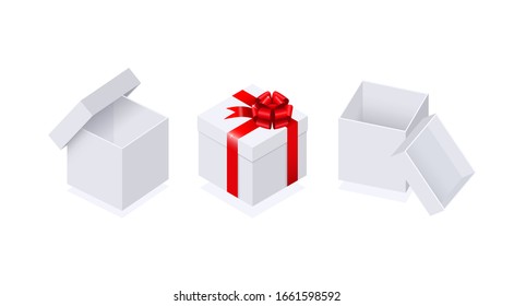 Isometric design. Vector illustration. Concept 3d graphics on a white background. Set of white boxes with a red ribbon. Gift box. Element, icon for web design infographics, sites and game.