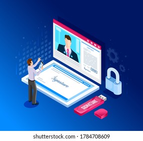 Isometric design. Vector illustration. Concept 3d, 2d graphics. Digital contract. Remote Business Transaction. Online signature of the contract. Signing of documents. Virtual signature. infographic.