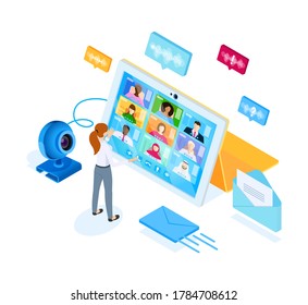 Isometric design. Vector illustration. Concept 3d, 2d graphics. Online chat. Digital world communication. Remote conference. Global video meeting. Online business meeting. Virtual group communication.