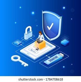 Isometric Design. Vector Illustration. Concept 3d, 2d Graphics. Electronic Signature. Remote Documents Signing. Virtual Signature. Encryption Technology. Digital Key To Personal Data.