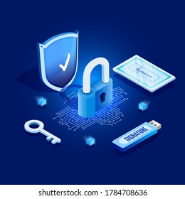 Diseño isométrico. Ilustración vectorial. Concepto 3d, 2d gráficos. Firma electrónica. Firma de documentos remotos. Firma virtual. Tecnología de cifrado. Clave digital para datos personales.
