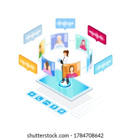 Isometric design. Vector illustration. Concept 3d, 2d graphics. Online chat. Digital world communication. Remote conference. Global video meeting. Online business meeting. Virtual group communication.