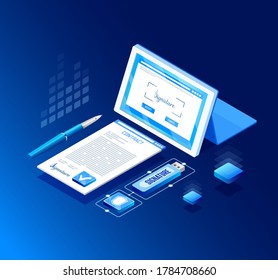 Isometric design. Vector illustration. Concept 3d, 2d graphics. Digital contract. Remote Business Transaction. Online signature of the contract. Signing of documents. Virtual signature. infographic.