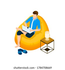 Isometric design. Vector illustration. Concept 3d, 2d graphics. A man sits in a bag chair. Comfortable rest, work, communication.