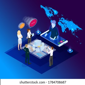 Isometric design. Vector illustration. Concept 3d, 2d graphics. Video chat. Online remote work form home. Digital video conference. Global communication. Online business meeting. Web infographics.