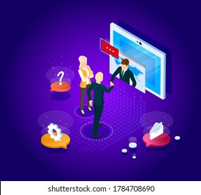 Isometric design. Vector illustration. Concept 3d, 2d graphics. Video chat. Online remote work form home. Digital video conference. Global communication. Online business meeting. Web infographics.