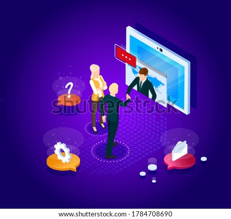 Isometric design. Vector illustration. Concept 3d, 2d graphics. Video chat. Online remote work form home. Digital video conference. Global communication. Online business meeting. Web infographics.