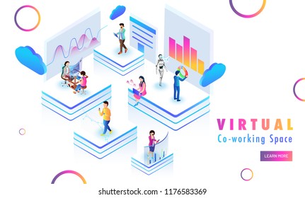 Isometric Design For Virtual Co-Working Space Web Template Design, Remote Coworking Platform With Miniature People Analysis Stats At Distant Places.