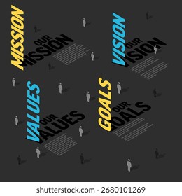 An isometric design visualizing business strategy concepts: mission, vision, values, and goals. Modern infographic effectively conveys crucial business strategy components for success.