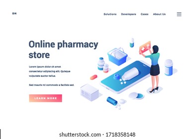 Isometric design of web page with woman using online app to buy drugs online in pharmacy store isolated on white background with medical icons