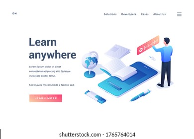 Isometric design of website banner with man using online recording app in promotion of Learn anywhere resource isolated on white background