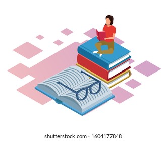 Isometric Design Woman Sitting On Books Stock Vector (Royalty Free ...