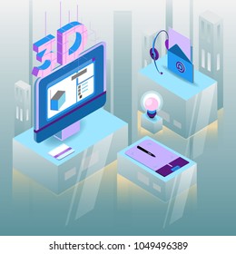 Isometric designer workplace. 3d design workplace. Vector illustration.