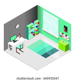 Isometric designer workplace concept with interior elements furniture and professional tools in turquoise colors isolated vector illustration