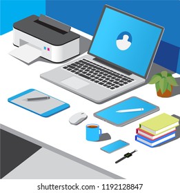 Isometric Designer Workspace Table With tool 