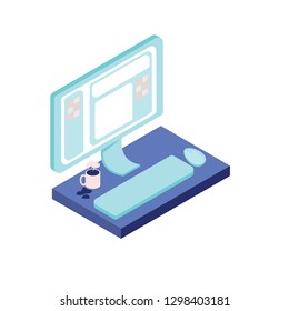 Isometric desk with computer