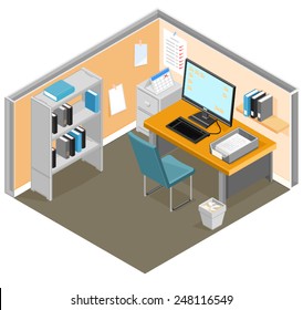 An Isometric Desk With Office Equipment And Furniture. Office Desk Cubical With Computer. Office Desk Cubical.