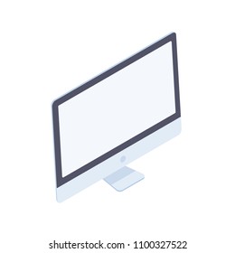 Isometric desktop computer with blank display in white body isolated on white background. Realistic computer to showcase apps, websites and digital tools on a screen. Vector 3d cartoon.