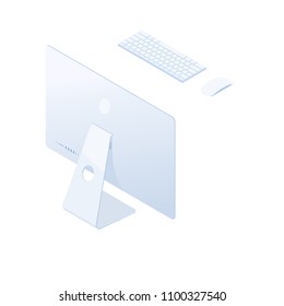 Computadora de escritorio isométrica con teclado, ratón y pantalla trasera en cuerpo blanco aislado en fondo blanco. Elemento de diseño de tecnología e informática. Caricatura vectorial 3d.