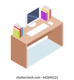 Isometric. Desktop with computer and office supplies. Vector illustration