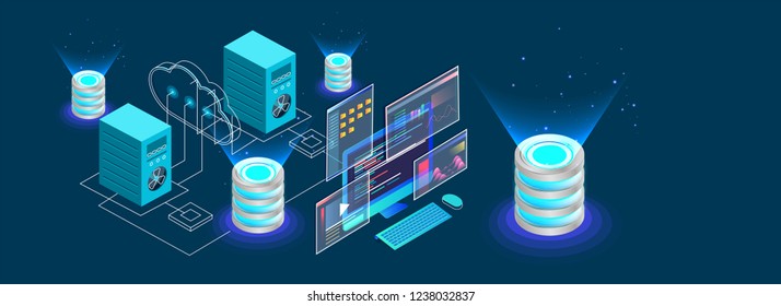 Isometric desktop connected to servers and database on blue background for Data Center concept based isometric design.