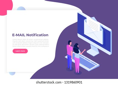 Isometric Desktop with email notification. Get E-mail concept. Vector illustration