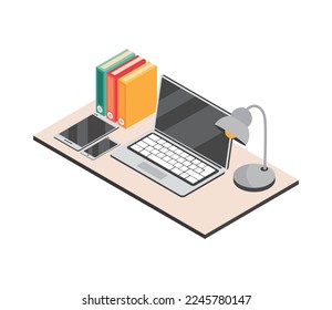 isometric desktop laptop and binders