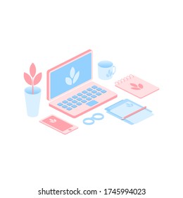 Isometric desktop. Laptop, phone, notebook, glasses, plant and cup on the surface of the table. EPS10