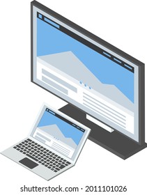 Isometric desktop and laptop vector illustration.