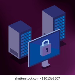 isometric desktop and padlock cyber security