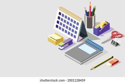 isometric desktop with various stationery items