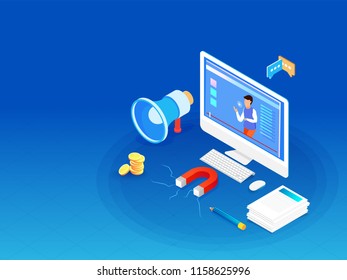 Isometric desktop with video play screen, megaphone, magnet with coin stack on shiny blue background for advertising concept.