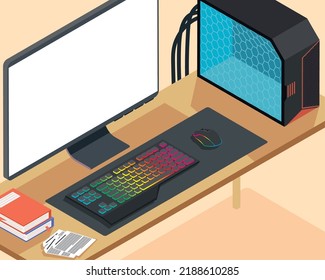 isometric desktop workplace tech scene