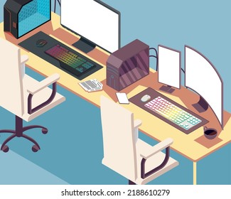 isometric desktops in workplace scene