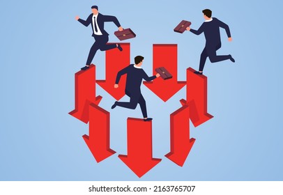 Isometric desperate businessman running on circular falling arrow, dead end of financial and economic falling