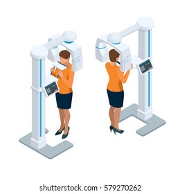 Isometric Detail Dental Panoramic Radiograph equipment, doctor and woman isolated on white.
