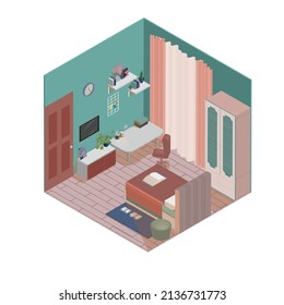 Isometric detailed 3d bedroom interior in flat style with wardrobe, bed, desk, tv and more. Can be used for infographics, posters, magazines.