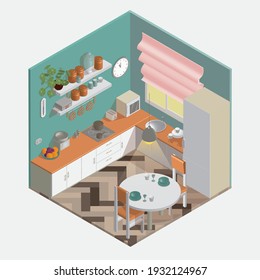 
Isometric detailed 3d flat style kitchen interior with headset, furniture, refrigerator and more, Can be used for infographics, posters, magazines