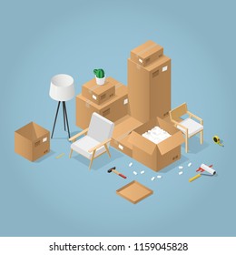 Isometric detailed concept illustration of moving to a new house. Cardboard boxes with furniture, armchair, wheel chair, lamp, different instruments and tools.