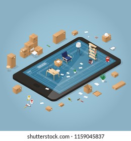 Isometric detailed concept illustration of online planing on moving to a new house. Cardboard boxes with furniture, couch, wheel chair, lamp, different instruments and tools.