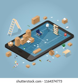 Isometric detailed concept illustration of online planing on moving to a new house. Cardboard boxes with furniture, couch, wheel chair, lamp, different instruments and tools.