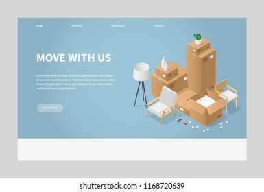 Isometric detailed illustration of moving to a new house. Cardboard boxes with furniture, armchair, lamp, different instruments and tools. Landing page concept.