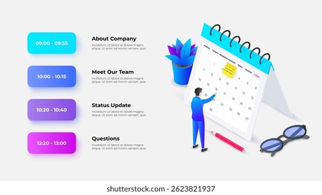 Isometric detailed vector representation of a business meeting schedule alongside a calendar, ideal for professional planning concepts