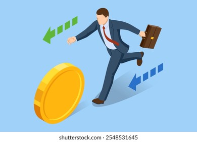 Isometric A determined businessman sprints after a trail of cash, driven by dreams of higher earnings and lucrative ventures.