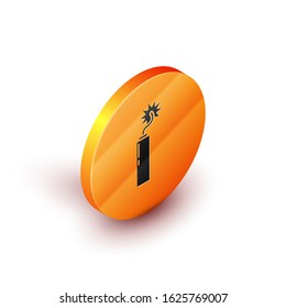Isometric Detonate dynamite bomb stick clock icon isolated on white background. Time bomb - explosion danger concept. Orange circle button. Vector Illustration