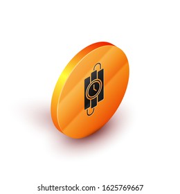 Isometric Detonate dynamite bomb stick and timer clock icon isolated on white background. Time bomb - explosion danger concept. Orange circle button. Vector Illustration